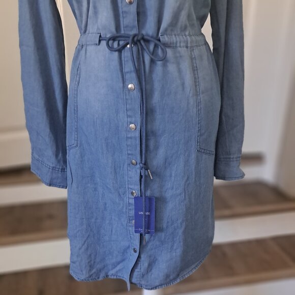 CHOUYATOU Denim Dress Long Sleeve draw string waistband Snap Down XL NWT - Picture 3 of 9